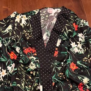 Black Floral Kimono with Polka Dot Trim